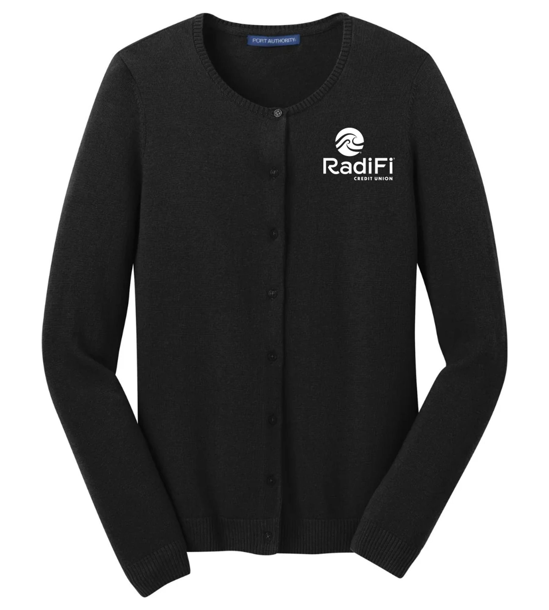 Port Authority Ladies Cardigan Sweater Black with RadiFi Credit Union